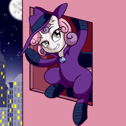 Size: 512x512 | Tagged: safe, artist:anibaruthecat, part of a set, mare do well, sweetie belle, pony, unicorn, g4, building, city, female, filly, foal, grin, night, old art, smiling, solo, sweetie do well, window