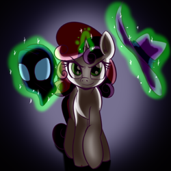Size: 512x512 | Tagged: safe, artist:anibaruthecat, part of a set, mare do well, sweetie belle, pony, unicorn, g4, confident, female, filly, foal, glowing, glowing horn, hat, horn, levitation, magic, mask, old art, smiling, solo, sweetie do well, telekinesis