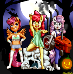 Size: 3260x3308 | Tagged: safe, alternate version, artist:anibaruthecat, apple bloom, scootaloo, sweetie belle, bat, earth pony, ghost, pegasus, undead, unicorn, anthro, unguligrade anthro, apple bloomers, g4, adorabloom, armpits, belly button, blushing, clothes, compression shorts, costume, cute, cutealoo, cutie mark crusaders, diasweetes, dress, explicit source, female, full moon, halloween, halloween costume, heart, high res, holiday, hoof feet, jack-o-lantern, midriff, moon, old art, open mouth, pumpkin, raised fist, ribbon, smiling, socks, strapless, suspenders, tractor, underwear
