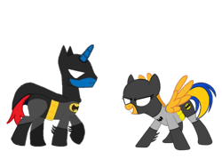 Size: 2048x1536 | Tagged: safe, artist:ry-bluepony1, oc, oc only, oc:flare spark, oc:train track, pegasus, pony, unicorn, g4, batgirl, batman, batmare, dc comics, female, male, simple background, smiling, superhero, transparent background