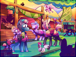 Size: 2048x1536 | Tagged: safe, artist:mrraapeti, oc, oc only, bird, chicken, earth pony, pegasus, pony, undead, unicorn, zombie, foal, group, infected, infection au, market