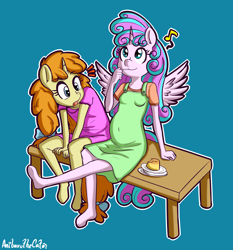 Size: 1780x1906 | Tagged: safe, artist:anibaruthecat, princess flurry heart, pumpkin cake, alicorn, unicorn, anthro, comic:yes teacher, g4, duo, female, hoof feet, music notes, old art, older, older flurry heart, older pumpkin cake, outline, pregnant, simple background, sitting, surprised