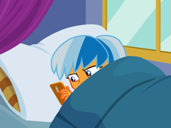 Size: 1496x1125 | Tagged: safe, artist:ncolque, oc, oc only, oc:sunlight mist, equestria girls, g4, bed, blanket, cellphone, female, phone, pillow, smartphone, solo, window