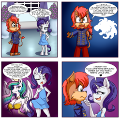 Size: 3500x3500 | Tagged: safe, artist:anibaruthecat, princess celestia, rarity, alicorn, big cat, lion, unicorn, anthro, unguligrade anthro, g4, argument, breasts, comic, crossover, female, filly, filly rarity, foal, high res, humiliation, misspelling, old art, sonic the hedgehog (series), younger