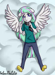 Size: 1345x1833 | Tagged: safe, artist:anibaruthecat, oc, oc only, oc:fruity wave, pegasus, anthro, clothes, cloud, explicit source, foal, hoof feet, lying down, old art, on a cloud, on back, scarf, solo, unshorn fetlocks
