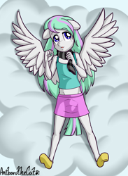Size: 1345x1833 | Tagged: safe, alternate version, artist:anibaruthecat, oc, oc only, oc:fruity wave, pegasus, anthro, clothes, cloud, explicit source, foal, hoof feet, lying down, old art, on a cloud, on back, scarf, solo, unshorn fetlocks