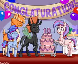Size: 3000x2500 | Tagged: safe, artist:anibaruthecat, oc, oc only, oc:hearts desire, oc:sué ping, oc:vesairus, changeling, earth pony, llama, pony, unicorn, ^^, anniversary, birthday cake, cake, engrish, eyes closed, female, food, high res, mare, old art, one eye closed, party