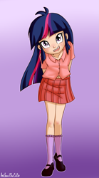 Size: 1389x2500 | Tagged: safe, artist:anibaruthecat, twilight sparkle, human, g4, arm behind back, braces, child, female, gradient background, humanized, leaning forward, open mouth, outline, solo