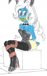 Size: 1234x1965 | Tagged: safe, artist:godzilla713, trixie, human, equestria girls, g4, bondage, bound and gagged, breasts, bunny suit, clothes, gag, solo, tied up, traditional art