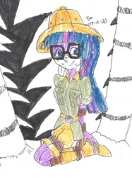 Size: 1125x1506 | Tagged: safe, artist:godzilla713, sci-twi, twilight sparkle, human, equestria girls, g4, bondage, bound and gagged, breasts, cloth gag, clothes, explorer outfit, forest, gag, hat, jungle, nature, over the nose gag, pith helmet, solo, tied up, traditional art, tree