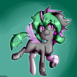 Size: 3500x3500 | Tagged: safe, artist:anibaruthecat, oc, oc only, changeling, bow, changeling oc, clothes, double colored changeling, gradient background, green changeling, high res, purple changeling, socks, solo