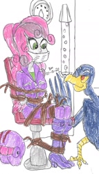 Size: 1113x1941 | Tagged: safe, artist:godzilla713, sweetie belle, bird, human, equestria girls, g4, bondage, bound and gagged, breasts, cloth gag, gag, tied to chair, tied up, traditional art