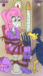 Size: 1115x1945 | Tagged: safe, artist:godzilla713, sweetie belle, bird, human, equestria girls, g4, bondage, bound and gagged, breasts, cloth gag, gag, tied to chair, tied up