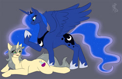 Size: 1280x835 | Tagged: safe, artist:sepisnake, part of a set, princess luna, oc, oc:mercury shine, alicorn, pony, unicorn, g4, blushing, duo, duo female, female, gray background, hoof shoes, human to pony, lying down, male to female, mare, open mouth, post-transformation, princess shoes, prone, raised hoof, simple background, transformation, transformation sequence, transgender transformation
