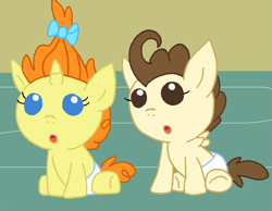 Size: 909x706 | Tagged: safe, artist:cmara, pound cake, pumpkin cake, pegasus, pony, unicorn, g4, :o, baby, baby pony, bow, brother and sister, cake twins, colt, cute, diaper, female, filly, foal, hair bow, male, open mouth, poundabetes, pumpkinbetes, siblings, solo, twins