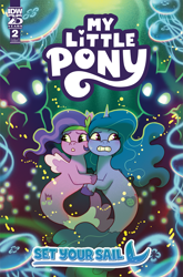 Size: 2063x3131 | Tagged: safe, idw, official comic, izzy moonbow, pipp petals, jellyfish, pegasus, pony, seapony (g4), unicorn, g5, official, spoiler:comic, spoiler:g5comic, bubble, cloven hooves, comic, comic cover, crepuscular rays, dorsal fin, female, fin, fin wings, fins, fish tail, flowing mane, flowing tail, glowing, glowing eyes, high res, holding each other, horn, mare, my little pony: set your sail, ocean, scared, seaponified, seapony izzy moonbow, seapony pipp petals, seaweed, set your sail, shadow, silhouette, species swap, sunlight, swimming, tail, teeth, underwater, water, wings