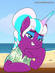 Size: 3150x4200 | Tagged: safe, artist:alejandrogmj, artist:wasisi, opaline arcana, alicorn, pony, g4, g5, beach, clothes, cute, g5 to g4, generation leap, looking at you, ocean, opalinebetes, solo, water
