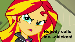 Size: 1920x1080 | Tagged: safe, artist:negaboss2000, edit, edited screencap, screencap, sunset shimmer, chicken, human, equestria girls, g4, my little pony equestria girls, angry, back to the future, female, low effort, movie reference, solo, sunset shimmer is not amused, unamused