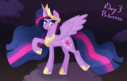Size: 2800x1796 | Tagged: safe, artist:bubblegooey, twilight sparkle, alicorn, pony, g4, the last problem, :d, accessory, art challenge, blushing, clothes, cloud, crown, cute, ear fluff, eyeshadow, female, flowing mane, happy, heart, heart eyes, horn, jewelry, looking at you, makeup, mare, multicolored hair, multicolored mane, multicolored tail, neck fluff, older, older twilight, older twilight sparkle (alicorn), open mouth, open smile, peytral, princess twilight 2.0, purple coat, purple eyes, raised hoof, raised leg, regalia, royalty, shoes, signature, sky, smiling, solo, sparkles, spread wings, standing, standing on two hooves, tail, tiara, twiabetes, twilight sparkle (alicorn), wing fluff, wingding eyes, wings