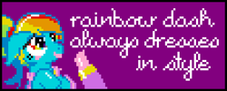 Size: 990x396 | Tagged: safe, artist:dhm, pony, /mlp/, blushing, bun hairstyle, cursive writing, lipstick, makeup, meme, pixel art, pixelcanvas, purple background, rainbow dash always dresses in style, simple background, solo