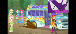 Size: 1280x576 | Tagged: safe, artist:tsl1999, applejack, fluttershy, pinkie pie, rainbow dash, rarity, sunset shimmer, human, equestria girls, g4, belt, boots, bus, clothes, cowboy boots, cowboy hat, hat, high heel boots, humane five, jacket, mud, pedal, shirt, shoes, skirt, socks, vest