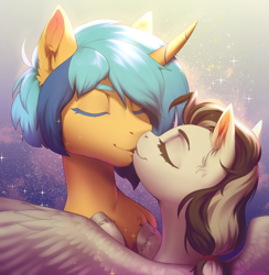 Size: 4624x4738 | Tagged: safe, artist:helemaranth, oc, oc only, oc:indicia, oc:xante leon, pegasus, unicorn, couple, eyes closed, feathered wings, female, horn, kiss on the lips, kissing, male, oc x oc, shipping, simple background, wings, xandicia