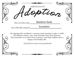 Size: 932x720 | Tagged: safe, artist:darkmoonanimation, rainbow dash, scootaloo, g4, adoption, adoption certificate, certificate, paper, parent:rainbow dash