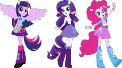 Size: 12411x6897 | Tagged: safe, artist:sugar-loop, pinkie pie, rarity, twilight sparkle, equestria girls, g4, boots, clothes, female, high heel boots, pleated skirt, ponied up, shoes, simple background, skirt, transparent background, trio, trio female, vector