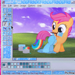 Size: 500x500 | Tagged: safe, artist:orangel8989, edit, editor:nlkkk, scootaloo, pegasus, pony, g4, animated, blingee, bliss xp, cursor, cute, cutealoo, dyed coat, dyed tail, female, filly, foal, gif, glitter, mouth hold, ms paint, paint, paint bucket, paint in hair, paint on feathers, paint on fur, paintbrush, painting characters, picmix, rainbow paint, scootobsession, solo, tail, webcore