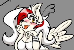 Size: 970x666 | Tagged: safe, artist:aryn, oc, oc only, oc:awya lightfeather, pegasus, anthro, :p, bandage, breasts, busty oc, cleavage, looking at you, one eye closed, smiling, tongue out, two toned mane, wink, winking at you