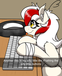 Size: 1500x1828 | Tagged: safe, artist:aryn, oc, oc only, oc:awya lightfeather, pegasus, pony, :p, bandage, computer mouse, female, keyboard, mare, meme, mousepad, solo, text, tongue out