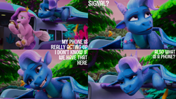 Size: 2000x1125 | Tagged: safe, edit, edited screencap, editor:quoterific, screencap, fountain (g5), pipp petals, dragon, pegasus, pony, g5, my little pony: make your mark, my little pony: make your mark chapter 6, the isle of scaly, spoiler:g5, spoiler:my little pony: make your mark, spoiler:my little pony: make your mark chapter 6, spoiler:mymc06e01, cellphone, confused, dragoness, duo, duo female, female, flying, mare, marestream, phone, smartphone, spread wings, wings