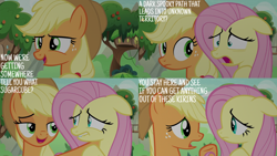 Size: 2000x1125 | Tagged: safe, edit, edited screencap, editor:quoterific, screencap, applejack, fluttershy, g4, sounds of silence, tree, treehouse