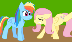 Size: 1457x854 | Tagged: safe, artist:cmara, fluttershy, rainbow dash, pegasus, pony, g4, duo, duo female, eyes closed, female, gritted teeth, stretching, teeth