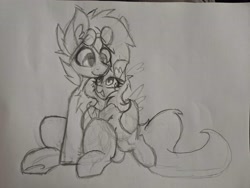 Size: 4000x3000 | Tagged: safe, artist:aryn, oc, oc only, oc:awya lightfeather, oc:gryph xander, pegasus, pony, goggles, goggles on head, hug, looking at each other, looking at someone, sitting, size difference, smiling, smiling at each other, traditional art