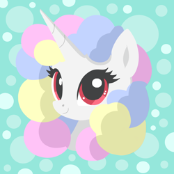 Size: 1000x1000 | Tagged: safe, artist:lukhica, oc, oc only, oc:cottomsky, alicorn, pony, abstract background, alicorn oc, bust, eyes closed, female, horn, icon, looking at you, mare, smiling, smiling at you, solo, tri-color mane