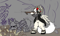 Size: 2500x1500 | Tagged: safe, artist:aryn, oc, oc only, oc:ash farwind, oc:awya lightfeather, pegasus, pony, belly button, bipedal, clothes, dock, ear fluff, female, fluffy, gun, hoodie, male, mare, pegasus oc, remnant 2, stallion, standing, stomping, tail, video game, weapon, wide hips, wip