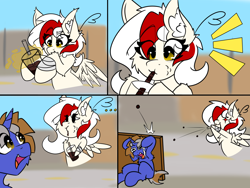 Size: 2000x1500 | Tagged: safe, artist:aryn, oc, oc only, oc:awya lightfeather, oc:axtus, pegasus, pony, unicorn, 4 panel comic, 4koma, bubble tea, comic, drink