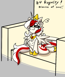 Size: 642x764 | Tagged: safe, artist:aryn, oc, oc only, oc:awya lightfeather, alicorn, pony, alicornified, female, gray background, jewelry, race swap, simple background, sitting, small pony, smug, solo, throne, tiara