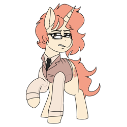 Size: 1700x1700 | Tagged: safe, artist:coatieyay, oc, oc only, oc:crispy cream, pony, unicorn, button-up shirt, clothes, dress shirt, female, glasses, lidded eyes, mare, necktie, raised hoof, shirt, simple background, solo, teeth, transparent background, vest, waistcoat