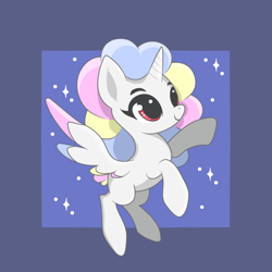 Size: 900x900 | Tagged: safe, artist:lukhica, oc, oc only, oc:cottomsky, alicorn, pony, alicorn oc, colored wings, colored wingtips, flying, horn, passepartout, smiling, solo, sparkles, spread wings, tri-color mane, tri-color tail, wings