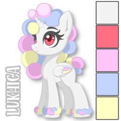 Size: 1024x1024 | Tagged: safe, artist:lukhica, oc, oc only, oc:cottomsky, alicorn, pony, alicorn oc, bracelet, color palette, female, folded wings, horn, jewelry, mare, reference sheet, simple background, smiling, solo, standing, white background, wings
