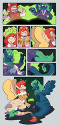 Size: 1318x2795 | Tagged: safe, artist:dondedun, oc, oc only, oc:emerald, oc:firefly, draconequus, pegasus, anthro, antennae, blushing, book, butterfly wings, clothes, comic, commission, draconequus oc, dragon horns, dragon tail, female, horns, intertwined tails, magic, pegasus oc, pegasus wings, spread wings, tail, transformation, wings