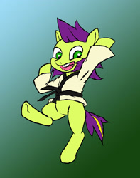 Size: 2010x2550 | Tagged: safe, artist:hell ray, oc, oc only, oc:zippy doo, earth pony, pony, 2013, clothes, colt, foal, gi, gradient background, in air, looking at you, looking down, looking down at you, male, open mouth, open smile, smiling, solo, tail, underhoof