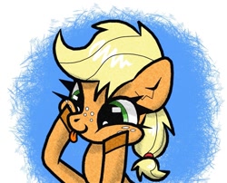 Size: 1371x1108 | Tagged: safe, artist:scandianon, applejack, earth pony, pony, g4, :p, cheek squish, cute, female, filly, filly applejack, foal, freckles, hatless, jackabetes, missing accessory, silly, silly pony, solo, squishy cheeks, tongue out, who's a silly pony, younger