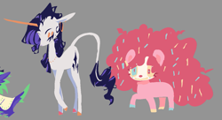 Size: 1267x689 | Tagged: safe, artist:squilko, pinkie pie, rarity, spike, earth pony, pony, unicorn, g4, alternate design, colored horn, duo, ear piercing, earring, eyeshadow, fluffy, gray background, hooves, horn, jewelry, leonine tail, makeup, multicolored hooves, necklace, out of frame, piercing, redesign, simple background, tail