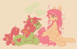 Size: 1968x1260 | Tagged: safe, artist:onionpwder, fluttershy, tree hugger, earth pony, pegasus, pony, g4, beard, blushing, colored eyebrows, curly mane, curly tail, dreadlocks, duo, ear fluff, eyelashes, facial hair, female, folded wings, gender headcanon, gender non-conforming, hoof heart, lesbian, lidded eyes, looking at each other, looking at someone, lying down, mare, open mouth, open smile, pink background, pink mane, pink tail, ponytail, prone, ship:flutterhugger, shipping, signature, simple background, sitting, smiling, smiling at each other, speech bubble, tail, talking, tied hair, trans female, trans fluttershy, transfeminine, transgender, two toned mane, two toned tail, underhoof, wingding eyes, wings, yellow background