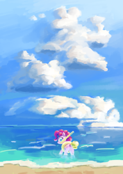 Size: 2896x4092 | Tagged: safe, artist:xallaanacyoxcyor, pinkie pie, earth pony, pony, g4, beach, butt, cloud, hat, inflatable, looking at you, ocean, plot, sky, snorkel, solo, swimming, swimming cap, water