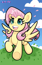 Size: 1080x1658 | Tagged: safe, artist:partypievt, fluttershy, pegasus, pony, g4, cloud, cloudy, cute, frog (hoof), hill, open, petals, running, shyabetes, simple background, smiling, spread wings, teeth, underhoof, wings