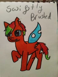 Size: 780x1040 | Tagged: safe, artist:camerontehtranz, oc, oc only, oc:swiftly brushed, pony, open mouth, raised hoof, solo, spread wings, tail, torn ear, traditional art, wings